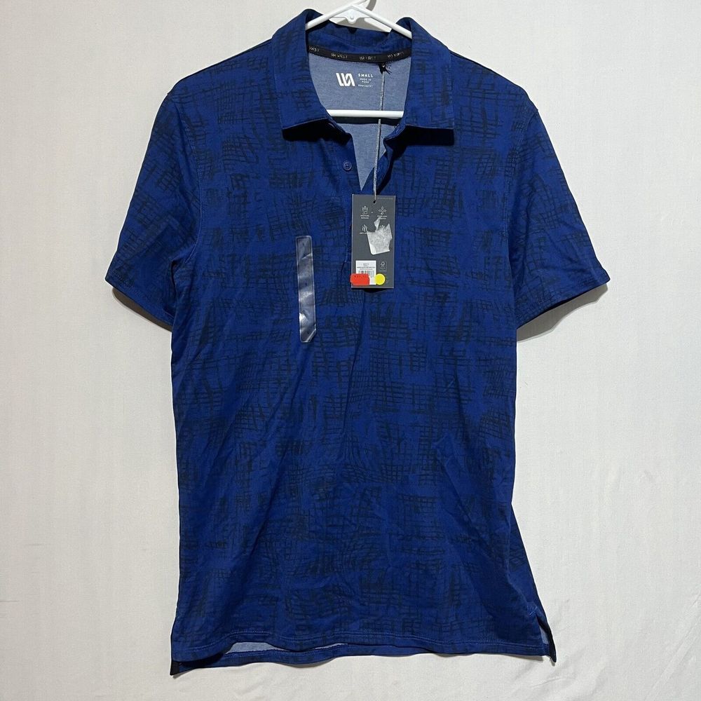 VRST Warped Check Pique Polo Shirt Men's Small Navy Blue Stretch‎ High Low Hem